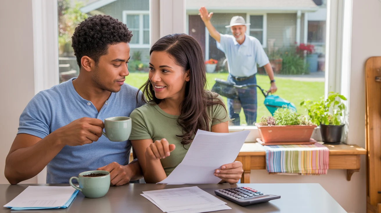 Couple reviewing financial documents in Irvine kitchen as neighbor mows lawn outside