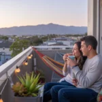 Couple relaxing on apartment balcony decorated with hammock and string lights at sunset in Orange, California