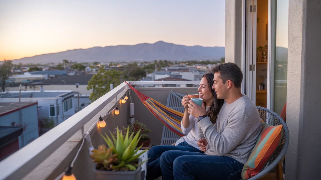 Couple relaxing on apartment balcony decorated with hammock and string lights at sunset in Orange, California