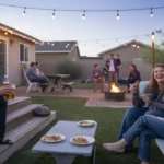 Casual backyard gathering with friends in Henderson suburb at dusk