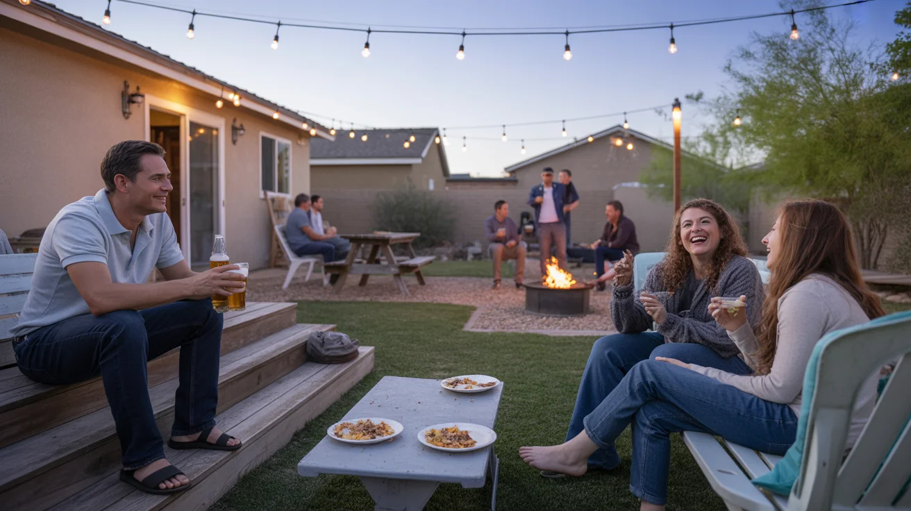Casual backyard gathering with friends in Henderson suburb at dusk