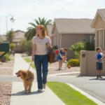 A woman walking her dog in a friendly North Las Vegas neighborhood with xeriscaped yards and similar single-story homes.