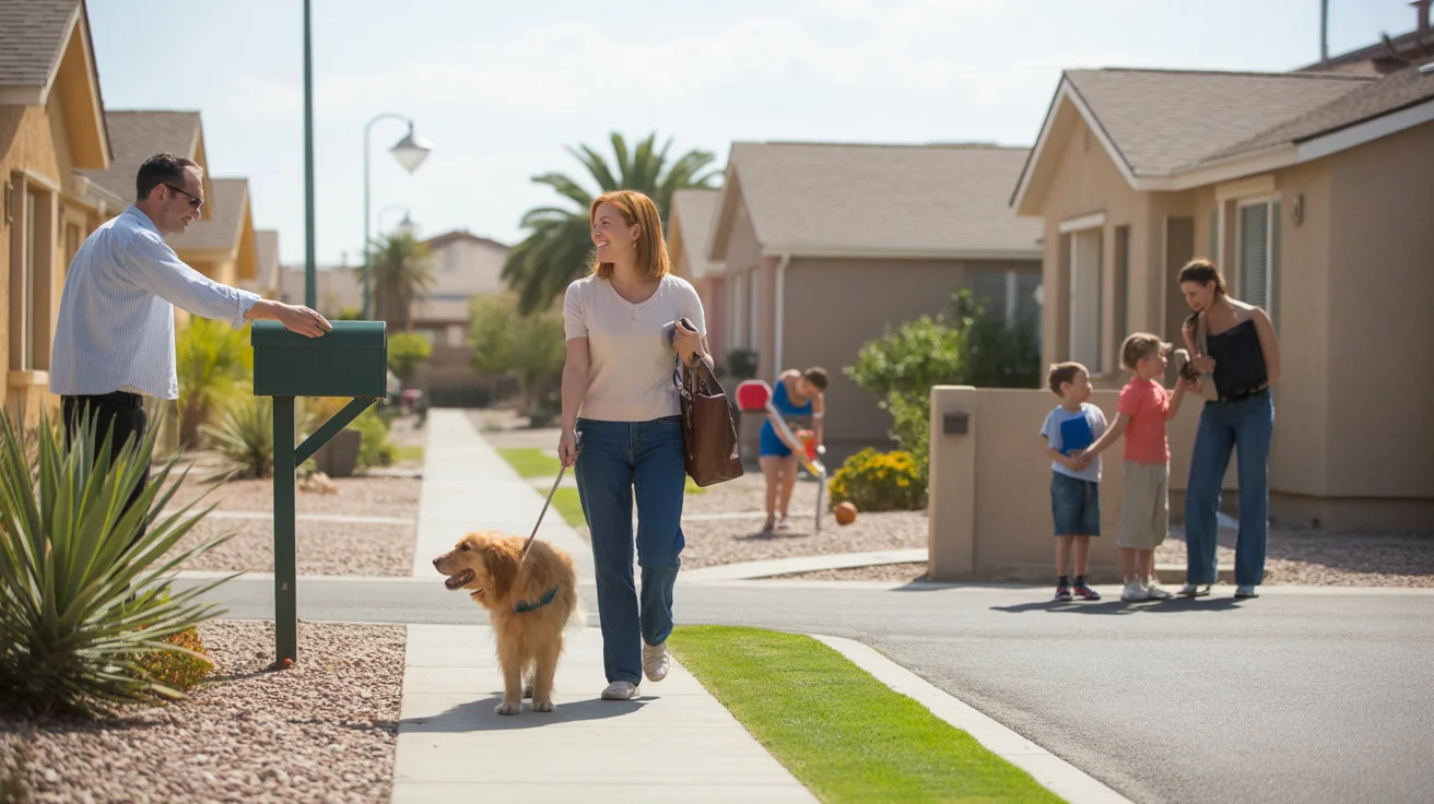 A woman walking her dog in a friendly North Las Vegas neighborhood with xeriscaped yards and similar single-story homes.