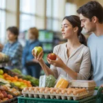 Couple grocery shopping together in Lakewood, Colorado store produce section