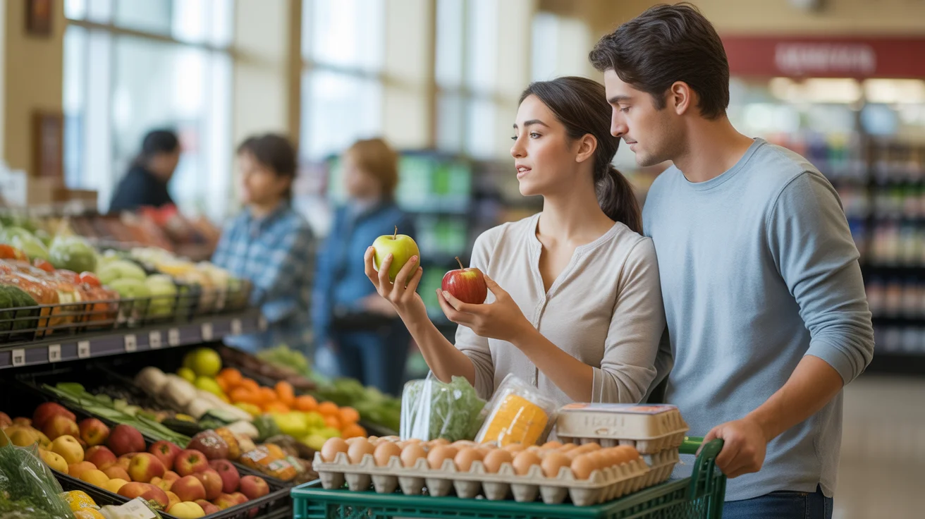 Couple grocery shopping together in Lakewood, Colorado store produce section