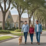 A family walks their dog through a spacious Winter Garden neighborhood on a sunny day