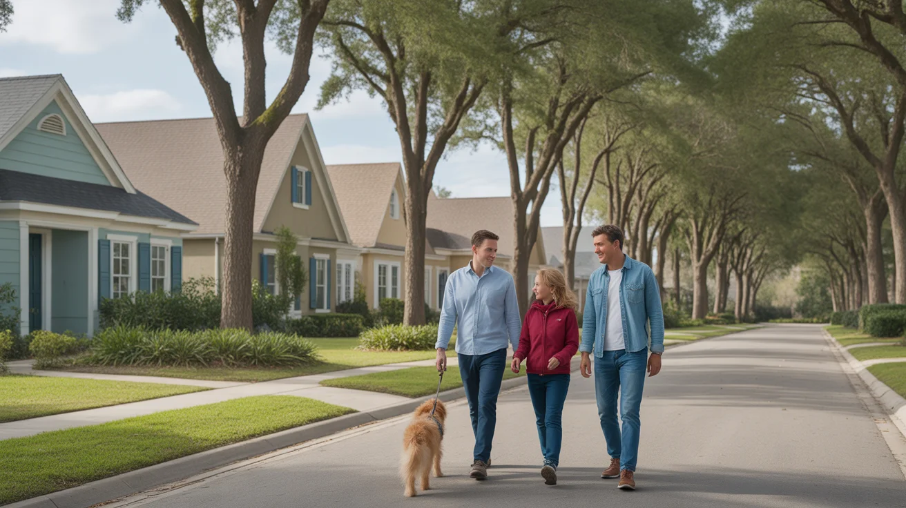A family walks their dog through a spacious Winter Garden neighborhood on a sunny day