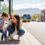 Mother and daughter tying shoelace at Lehi bus stop