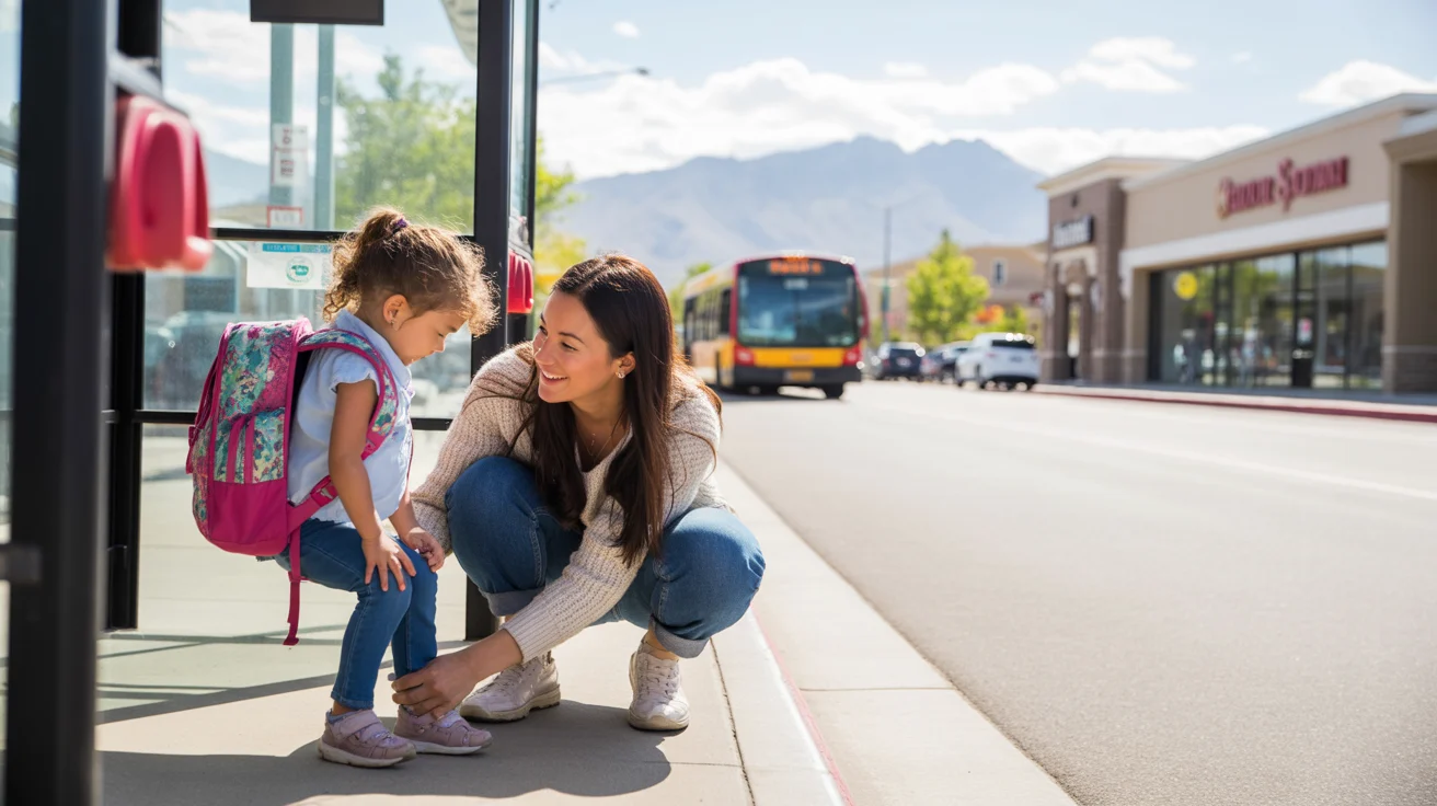 Mother and daughter tying shoelace at Lehi bus stop