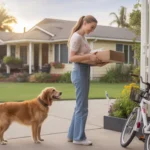 Woman picks up package from porch of San Marcos home as dog watches from window at sunset