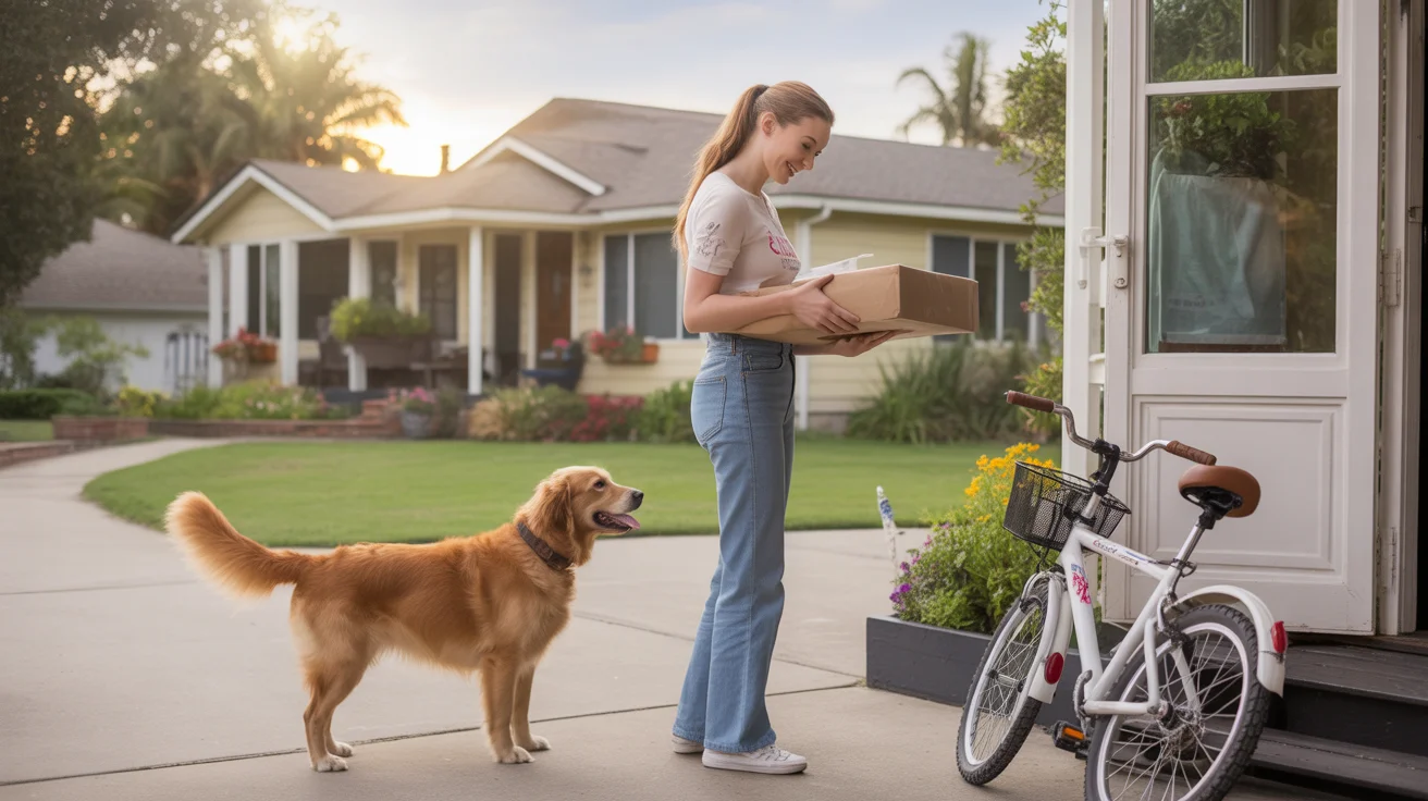 Woman picks up package from porch of San Marcos home as dog watches from window at sunset