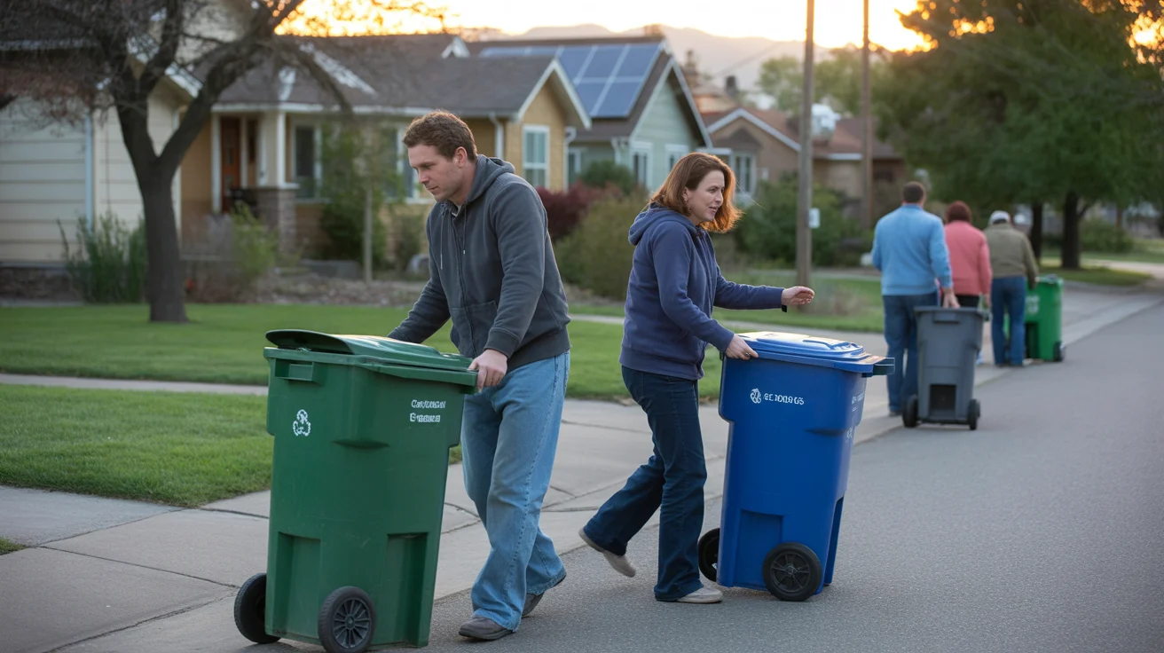 Neighbors in Arvada, Colorado rolling their trash and recycling bins to the curb on a peaceful suburban street at sunrise.