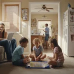 Family relaxing together in living room of Plano home on hot summer day