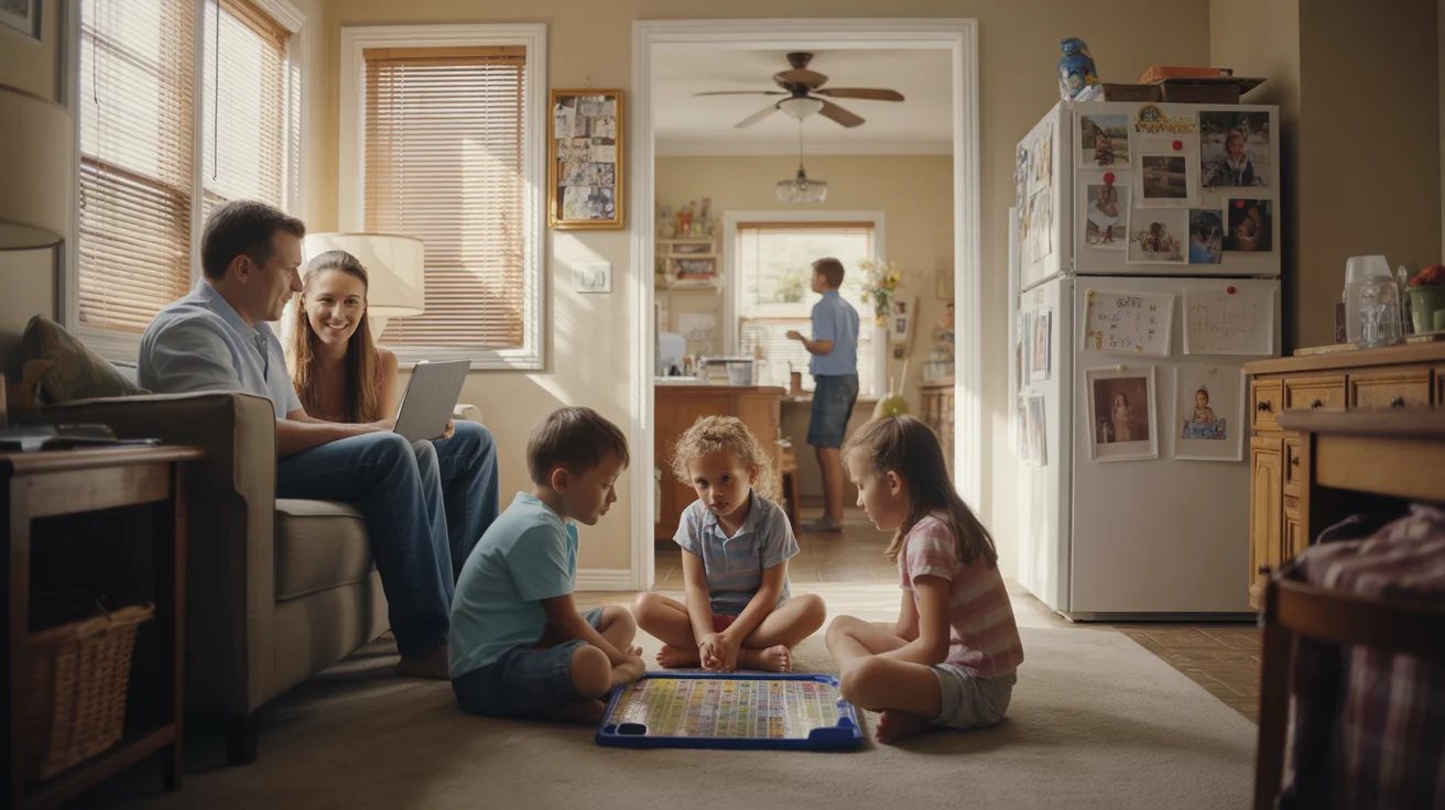 Family relaxing together in living room of Plano home on hot summer day
