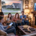 Friends gathered in a Katy, TX living room, each focused on their own digital devices as the sun sets outside.