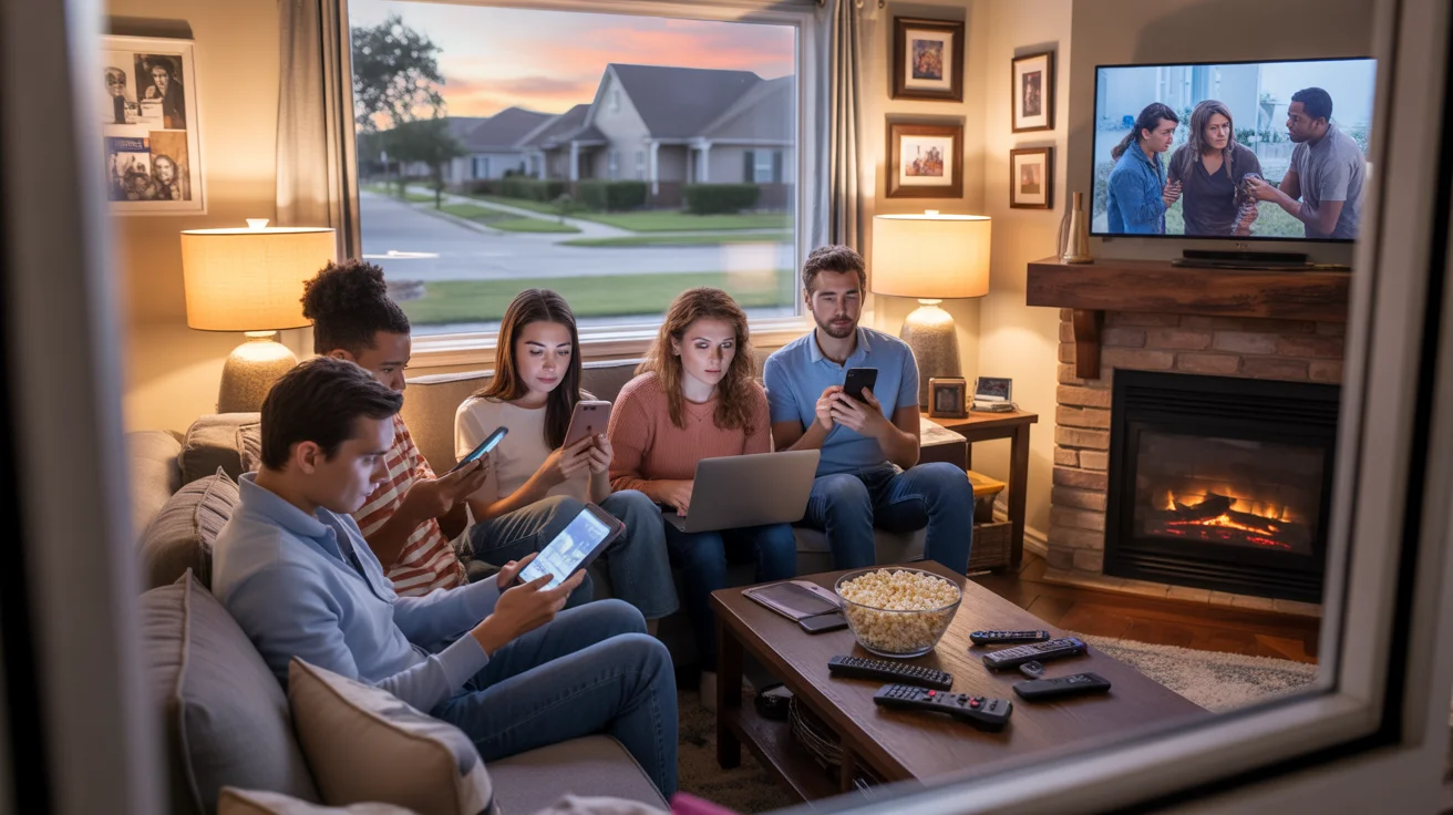 Friends gathered in a Katy, TX living room, each focused on their own digital devices as the sun sets outside.