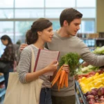 Couple shopping for produce at a grocery store in Chapel Hill, North Carolina