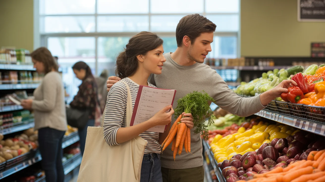 Couple shopping for produce at a grocery store in Chapel Hill, North Carolina