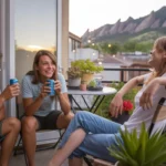 Three young adult roommates hang out on their small apartment balcony in Boulder at sunset.