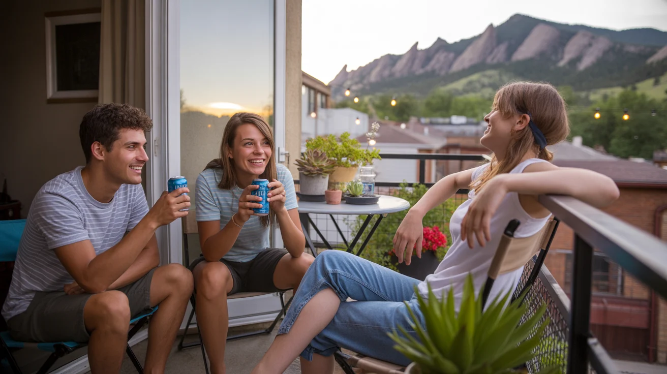 Three young adult roommates hang out on their small apartment balcony in Boulder at sunset.