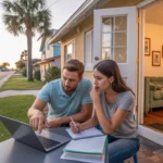 A young couple reviews their monthly budget on the front porch of their Tampa bungalow at sunset.