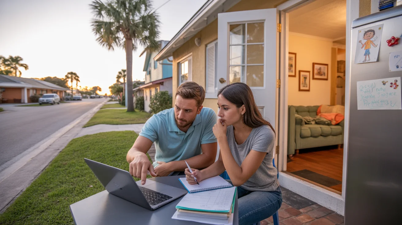 A young couple reviews their monthly budget on the front porch of their Tampa bungalow at sunset.