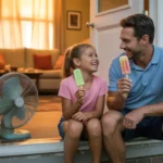 Father and daughter eating popsicles on back porch steps at dusk