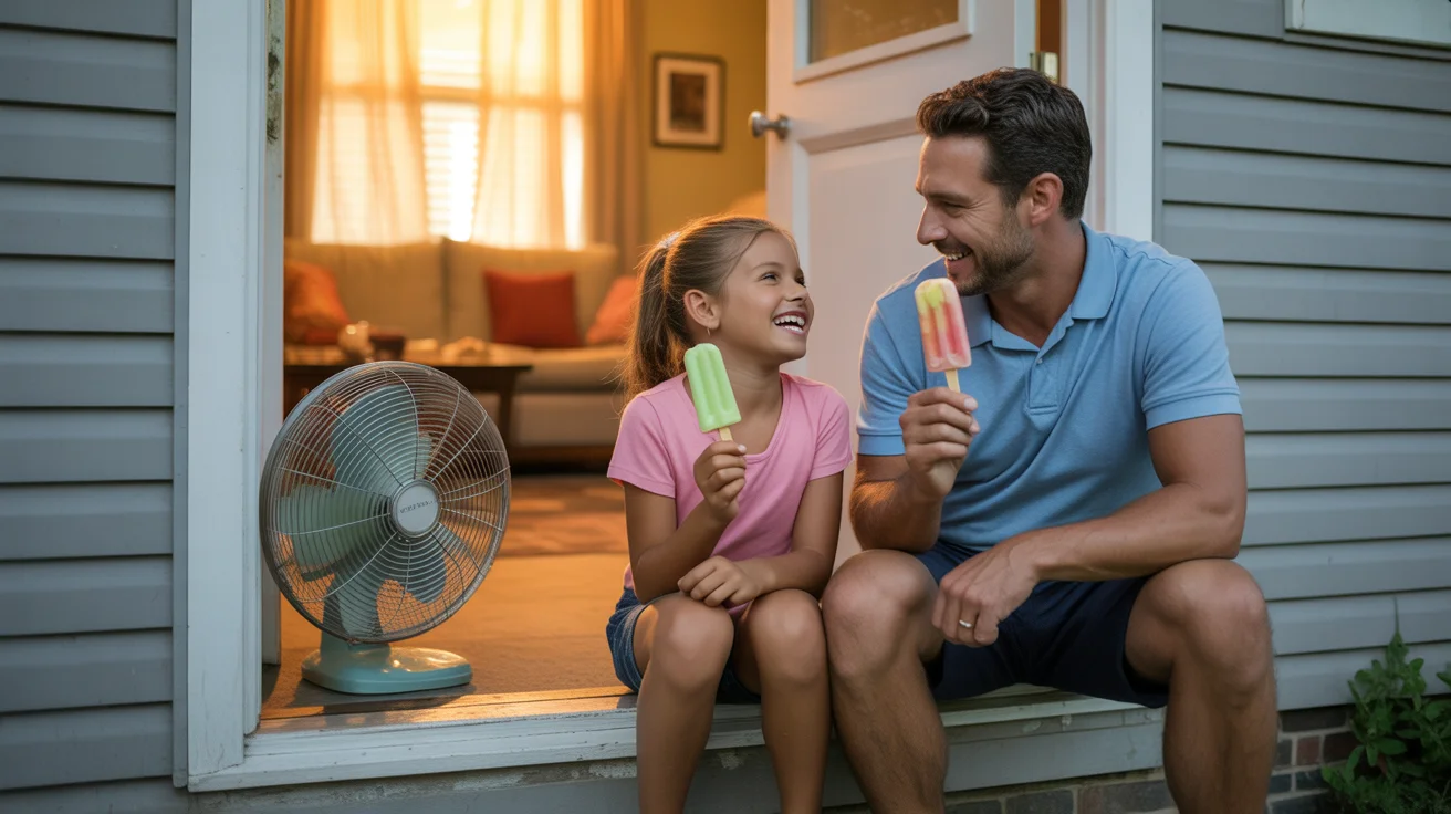 Father and daughter eating popsicles on back porch steps at dusk