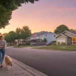 Woman walking dog on sidewalk past townhomes and house in suburban Lakewood Colorado at sunset