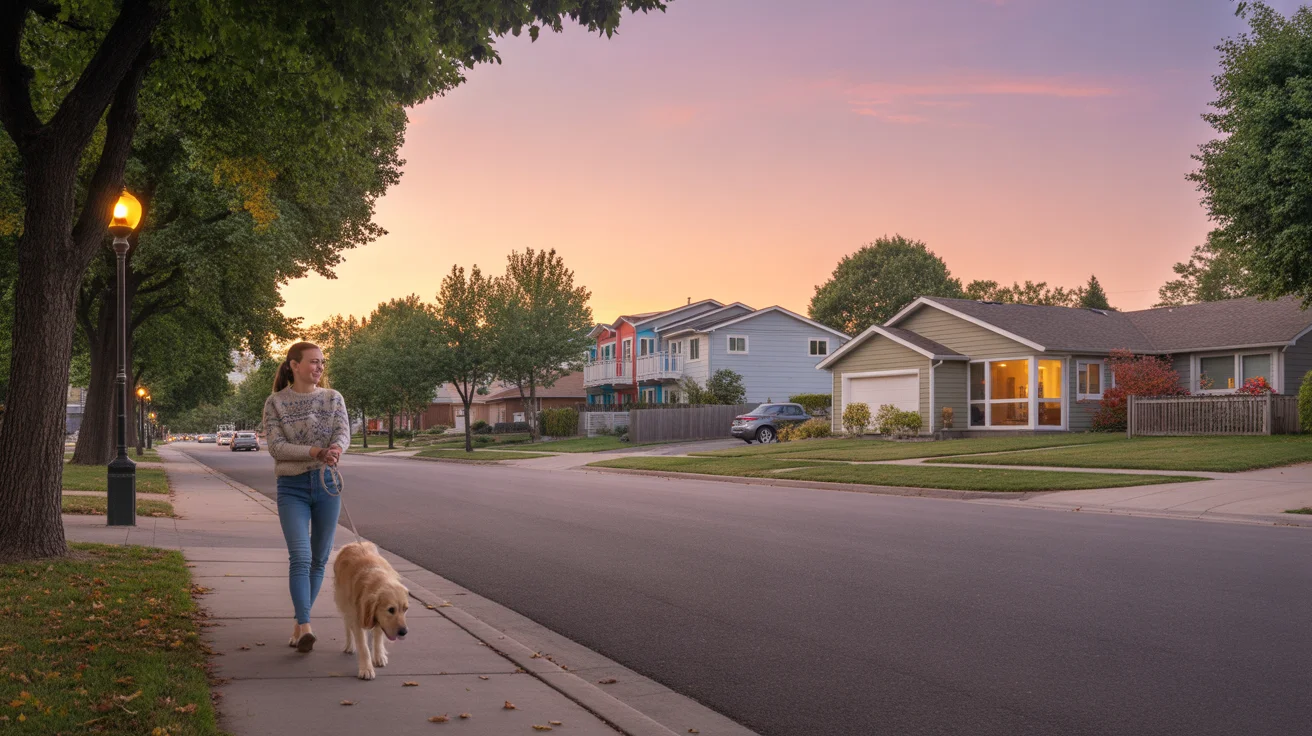 Woman walking dog on sidewalk past townhomes and house in suburban Lakewood Colorado at sunset