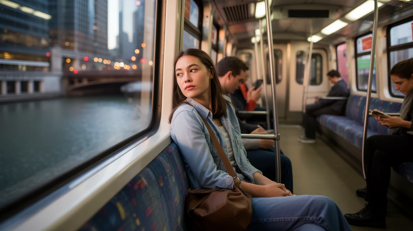 Woman riding CTA train alone at sunset in Chicago