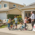 Garage sale in front of Anaheim condo and house, locals browsing items