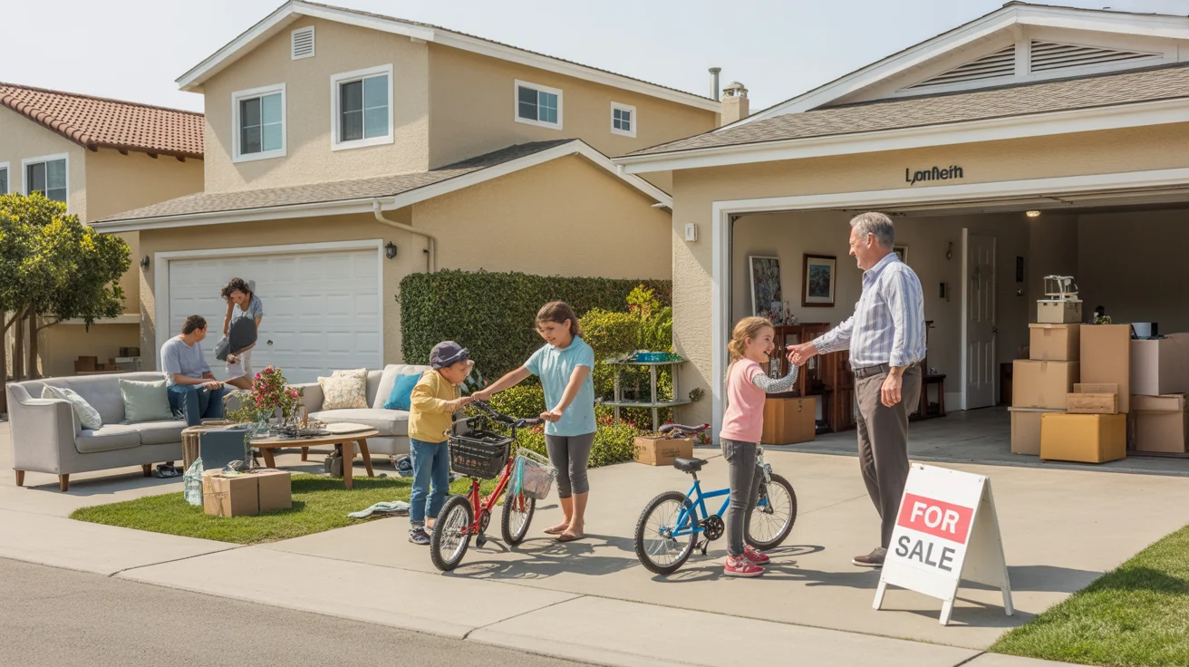 Garage sale in front of Anaheim condo and house, locals browsing items
