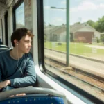 Teenage boy riding DART light rail train alone in Garland, TX while listening to music