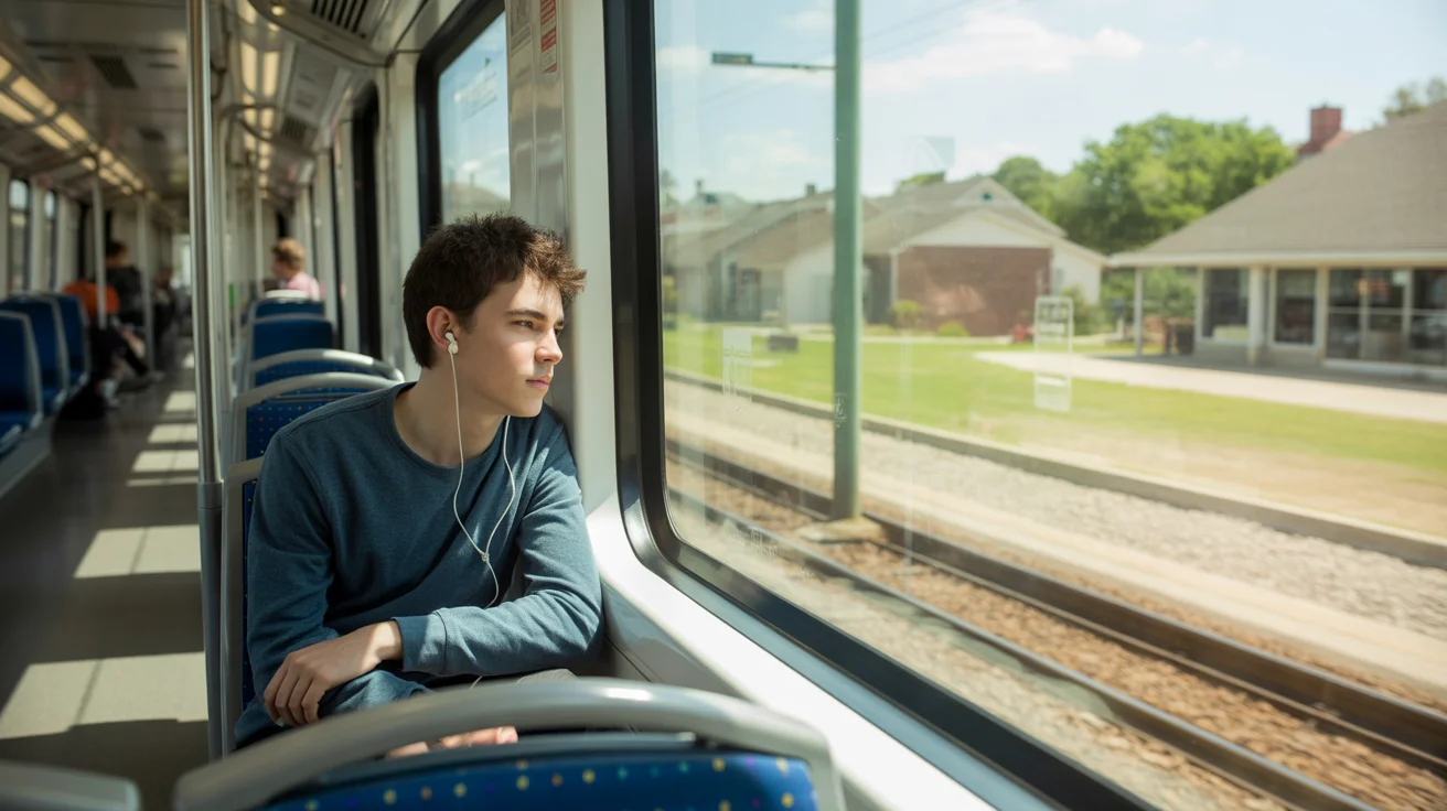 Teenage boy riding DART light rail train alone in Garland, TX while listening to music