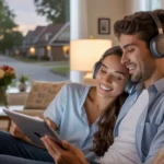 Couple relaxing on living room couch, sharing headphones and watching tablet in cozy Mckinney home