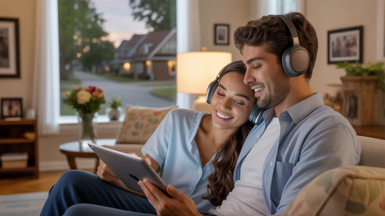 Couple relaxing on living room couch, sharing headphones and watching tablet in cozy Mckinney home
