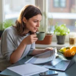 Woman reviewing her monthly budget at kitchen table in Winter Garden apartment