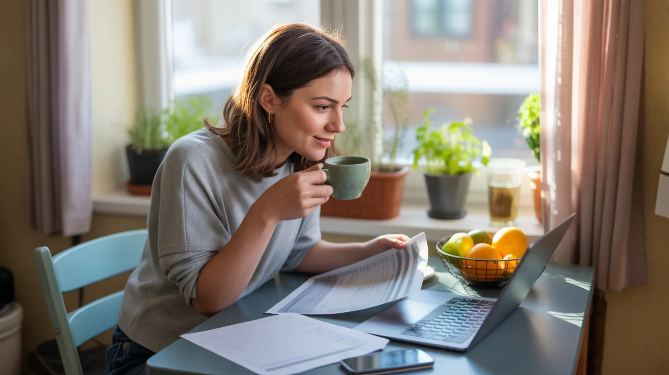 Woman reviewing her monthly budget at kitchen table in Winter Garden apartment