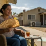 Grandmother fanning herself on shaded porch while grandson plays, San Bernardino CA