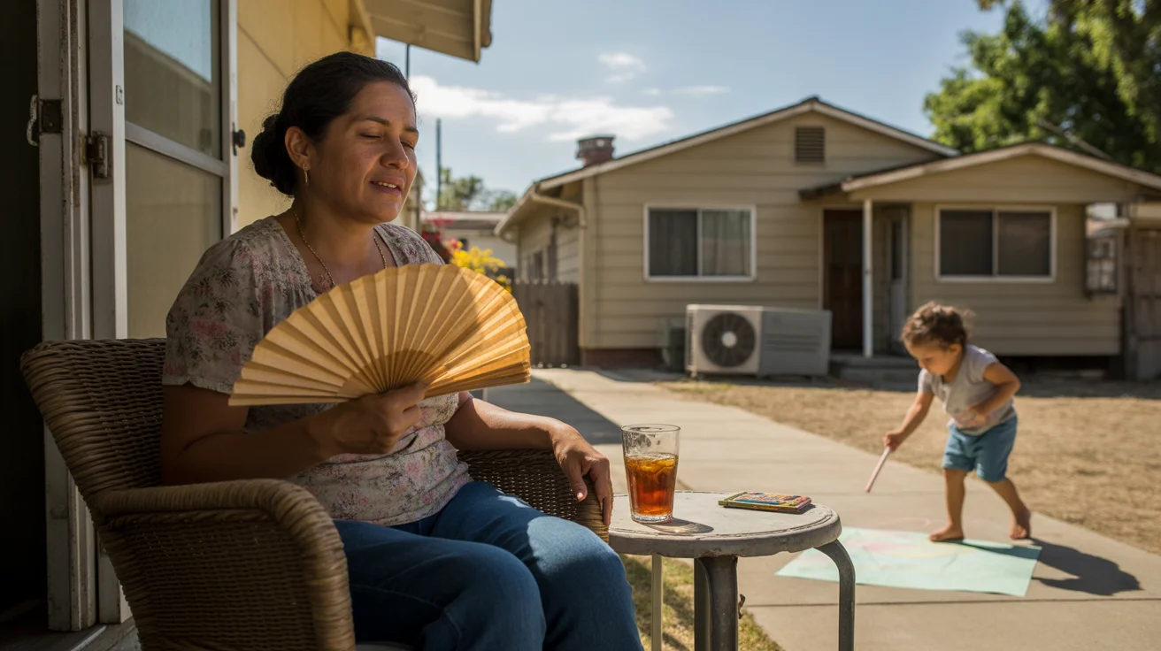 Grandmother fanning herself on shaded porch while grandson plays, San Bernardino CA