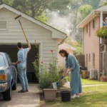 Couple painting house trim and tending garden across street from neighbor watering apartment balcony plants in Garland suburb