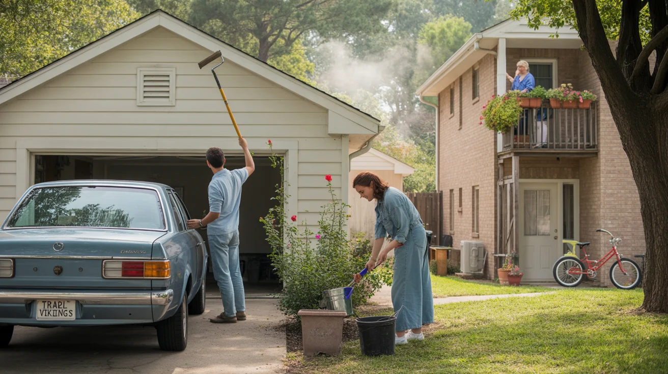 Couple painting house trim and tending garden across street from neighbor watering apartment balcony plants in Garland suburb