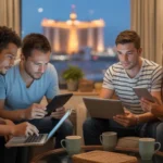 Friends gathered in a warmly lit living room using devices and watching TV together