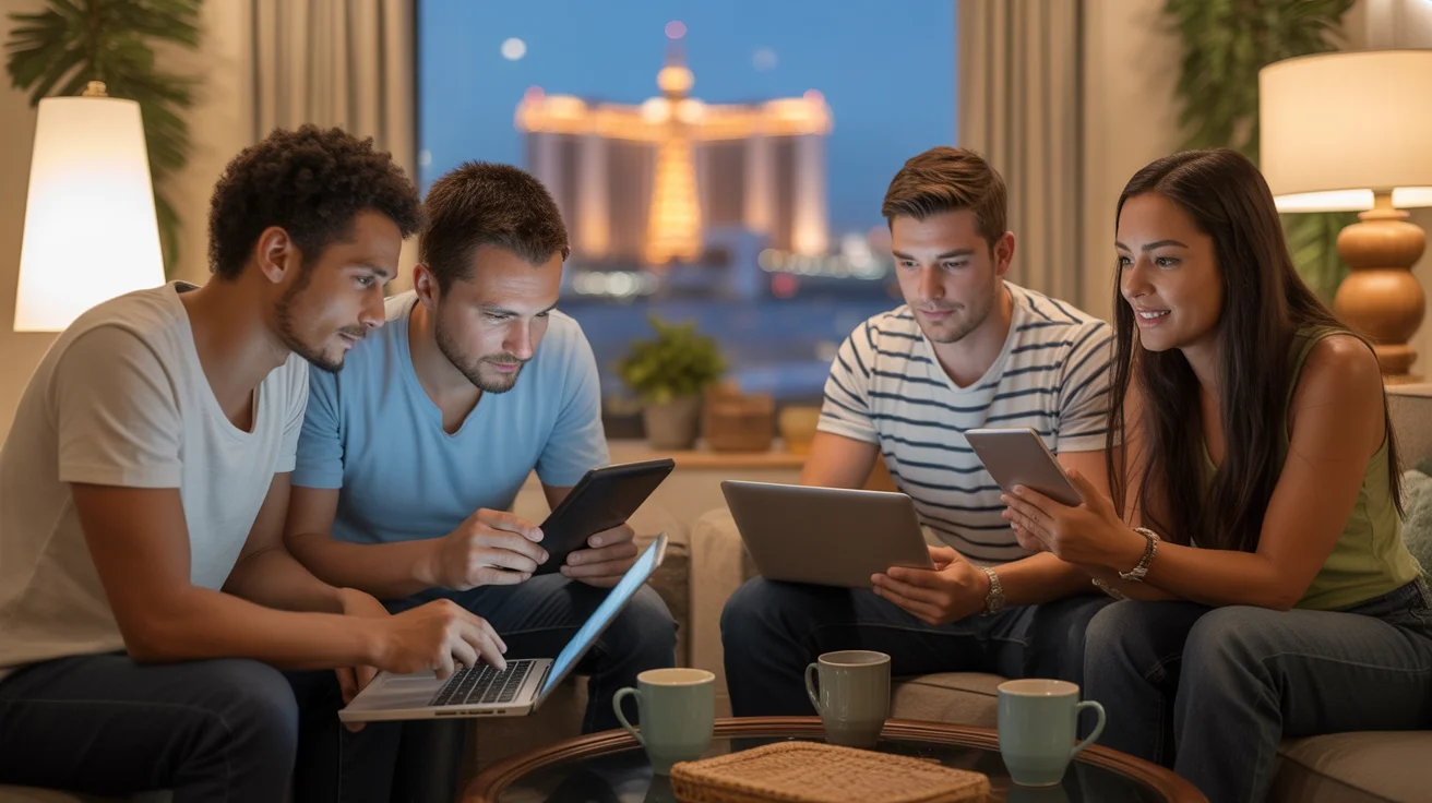 Friends gathered in a warmly lit living room using devices and watching TV together