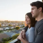 Couple on apartment balcony looking at suburban houses in Fullerton, CA at sunset