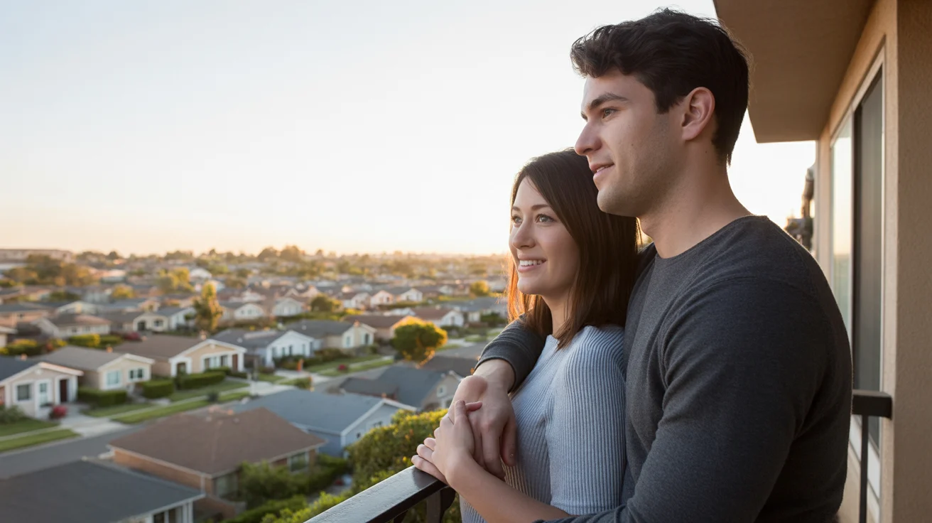 Couple on apartment balcony looking at suburban houses in Fullerton, CA at sunset