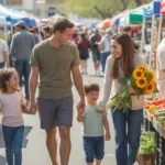 A family of four enjoying a weekend morning at a farmers market in Las Vegas