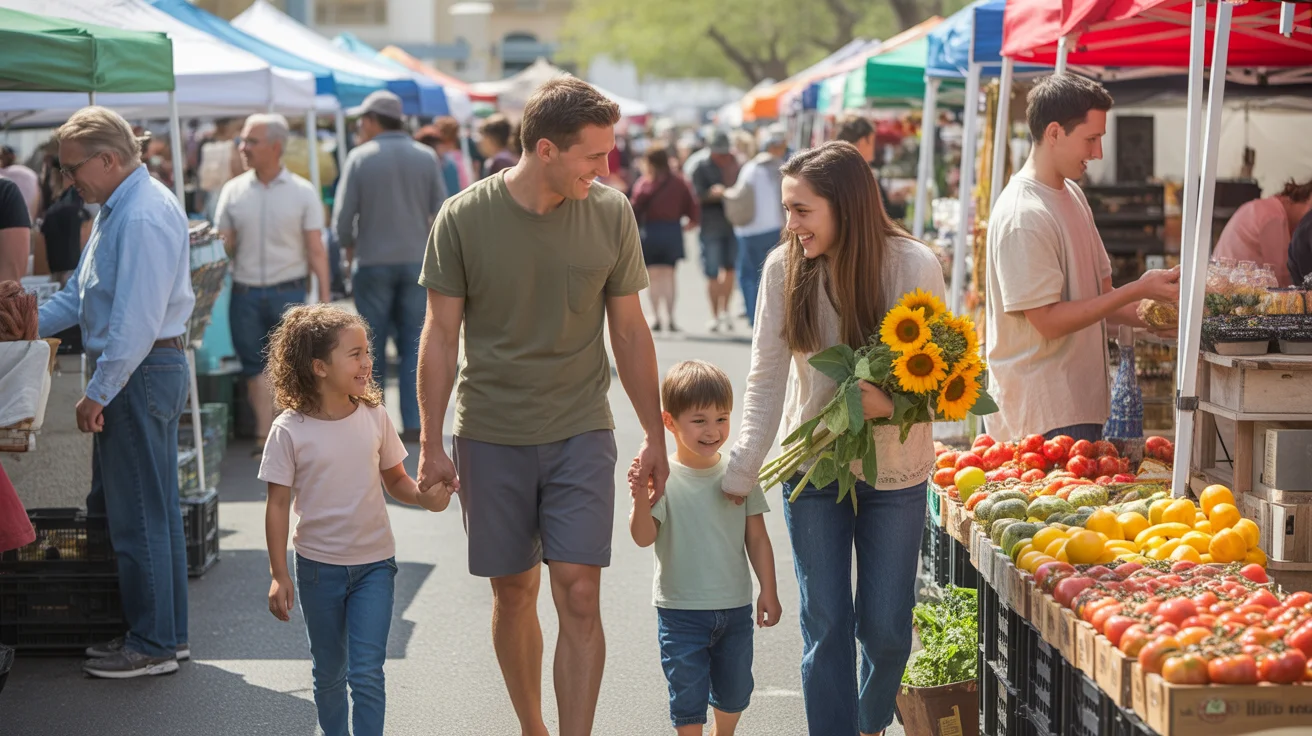 A family of four enjoying a weekend morning at a farmers market in Las Vegas
