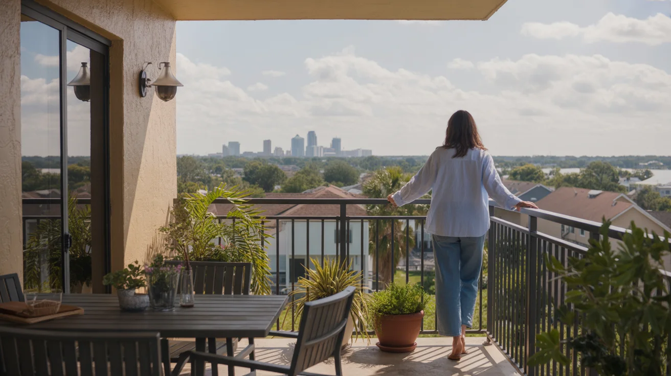 Person on apartment balcony in Lakeland, FL looking at skyline